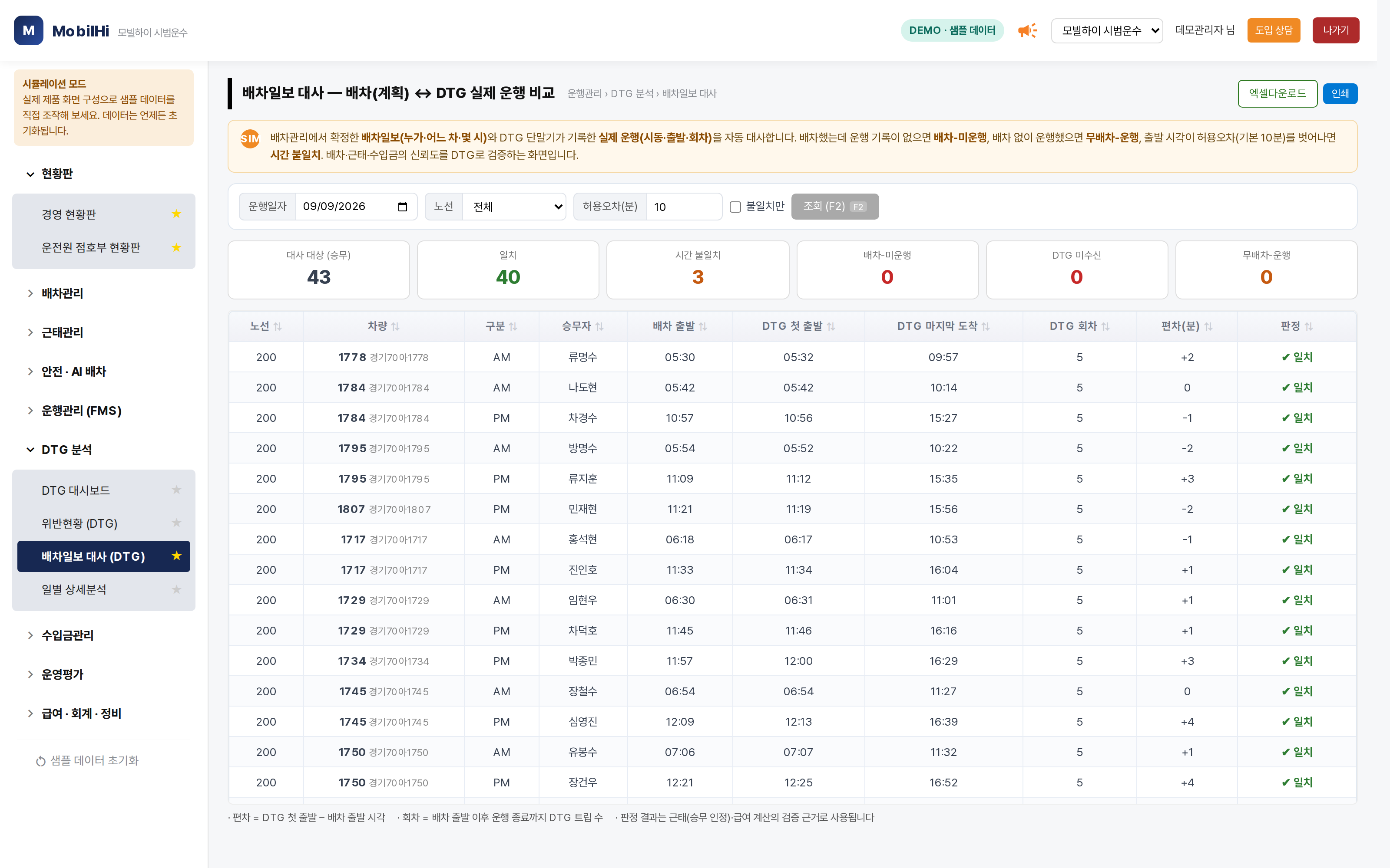 모빌하이 배차일보 대사 — 배차(계획)와 DTG 실제 운행을 자동 대사합니다