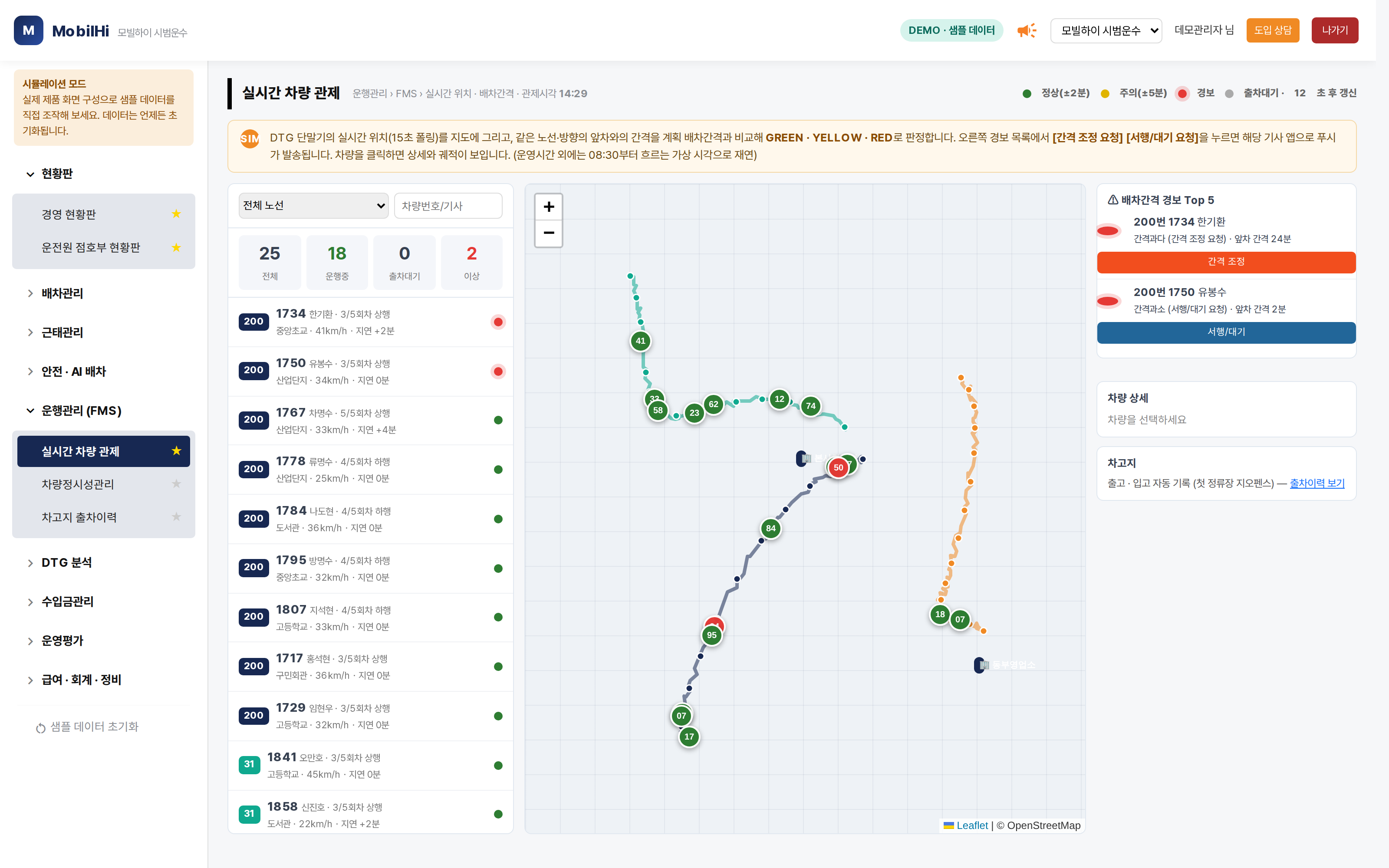 모빌하이 실시간 차량 관제 — 전체 · 운행중 · 이상 차량을 지도 한 장에서 봅니다