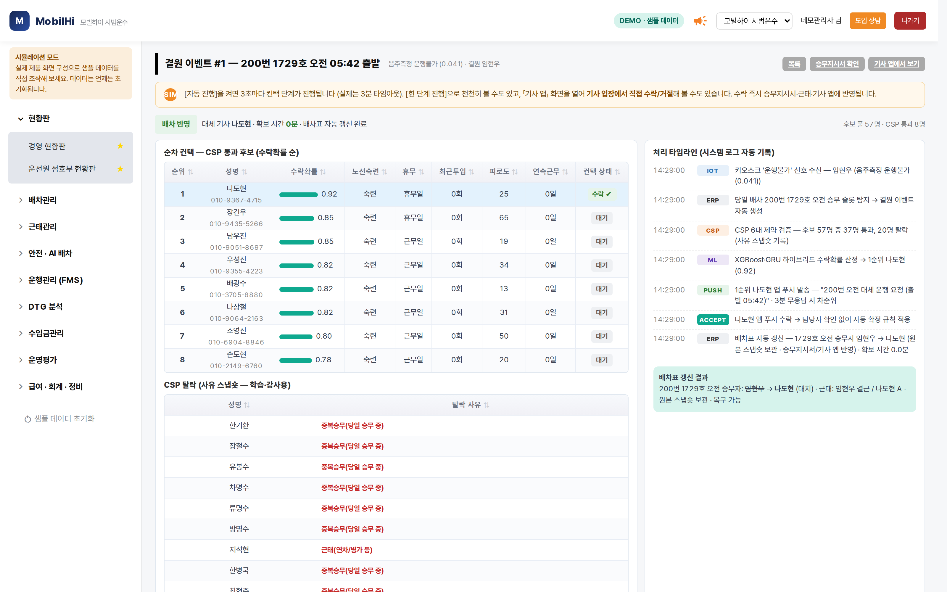 모빌하이 AI 대체기사 자동배차 — 운행불가 신호부터 배차표 갱신까지 자동으로 처리합니다